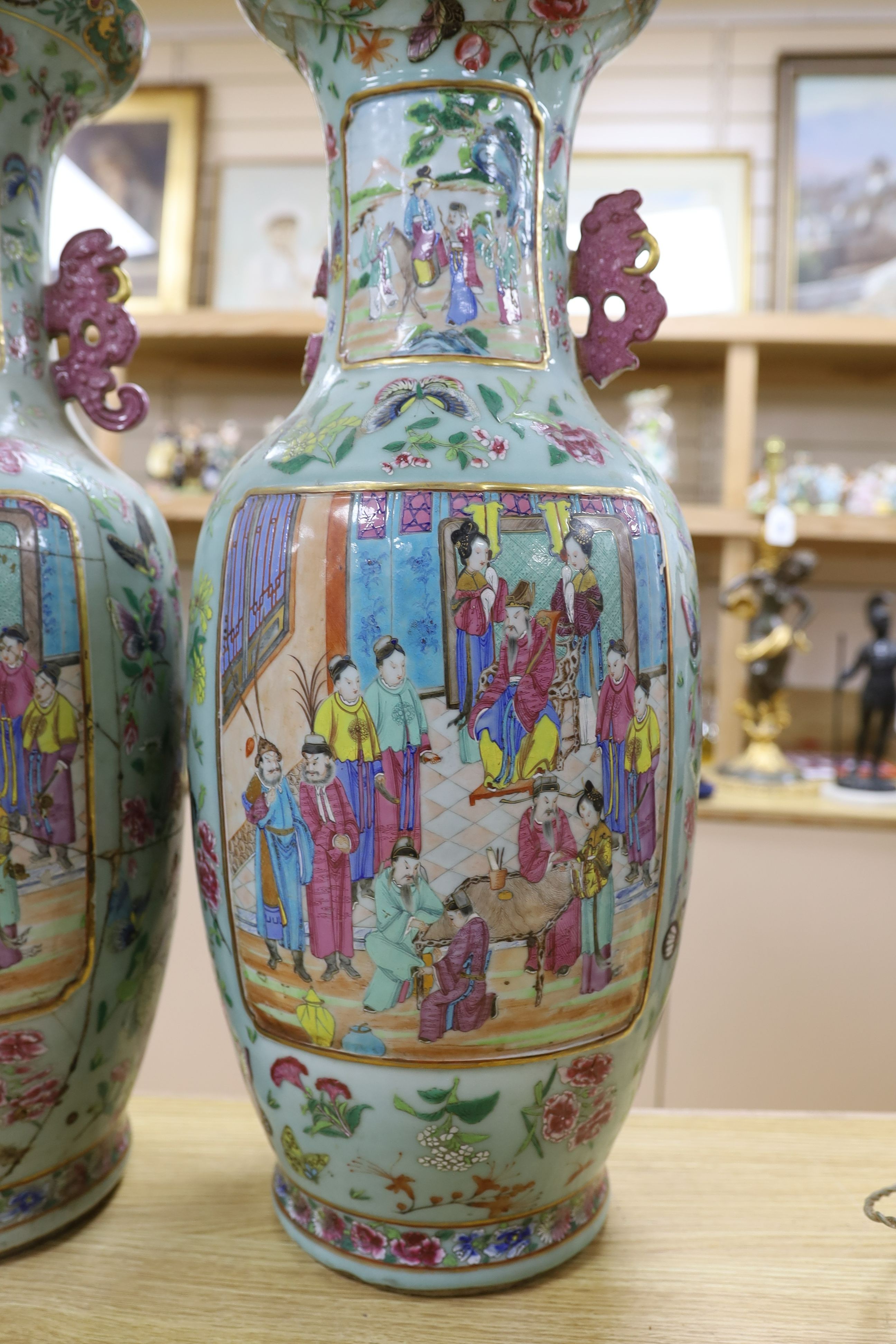 A pair of large 19th century Chinese famille rose celadon ground vases (a.f.) 65cm